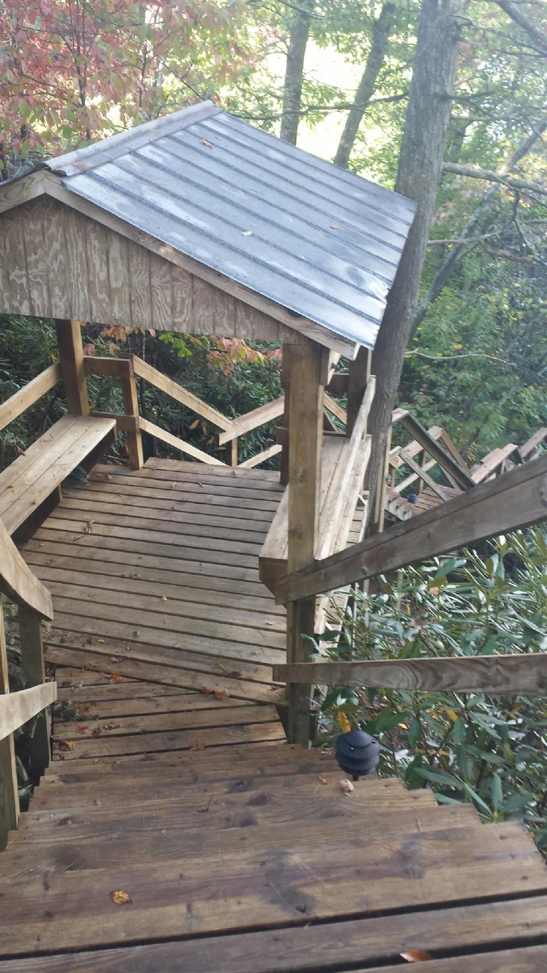 Metal roofed shelter over wooden steps on a wooded walkway — Skylight Repair & Installation work by our crew in Amlin